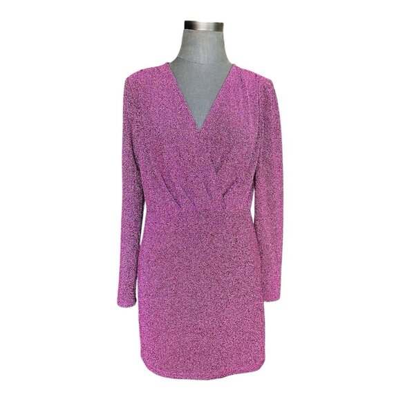MNG Mango Pink Metallic Wrap Dress Women's Long Sleeve Mini Dress Size M NWOT - Picture 4 of 9